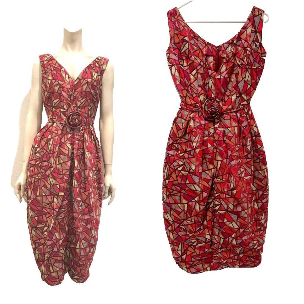 Tatyana Red Geometric Sheath Dress with Rose Belt